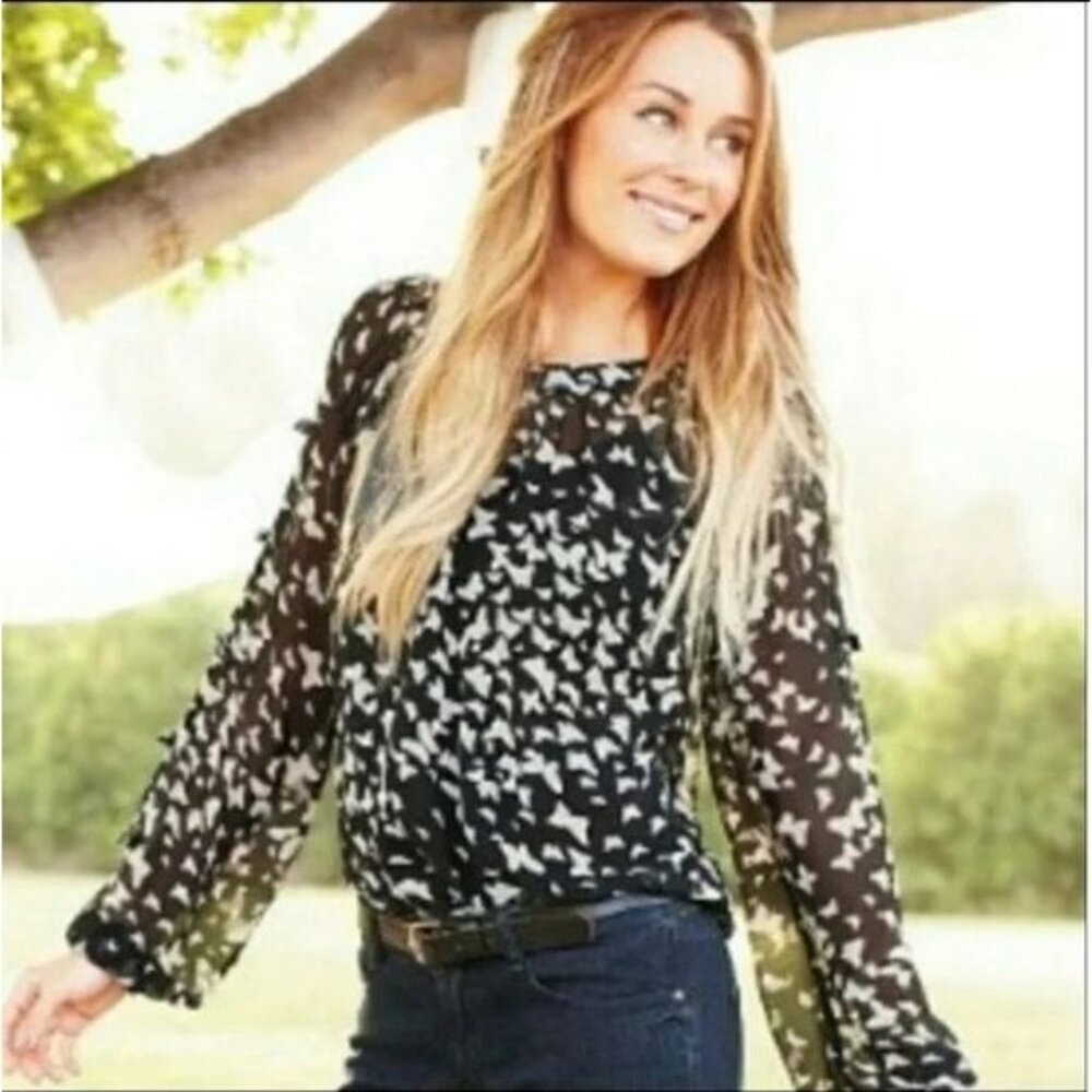 Lauren Conrad Black Sheer Butterfly Print Blouse Womens S Long Sleeve